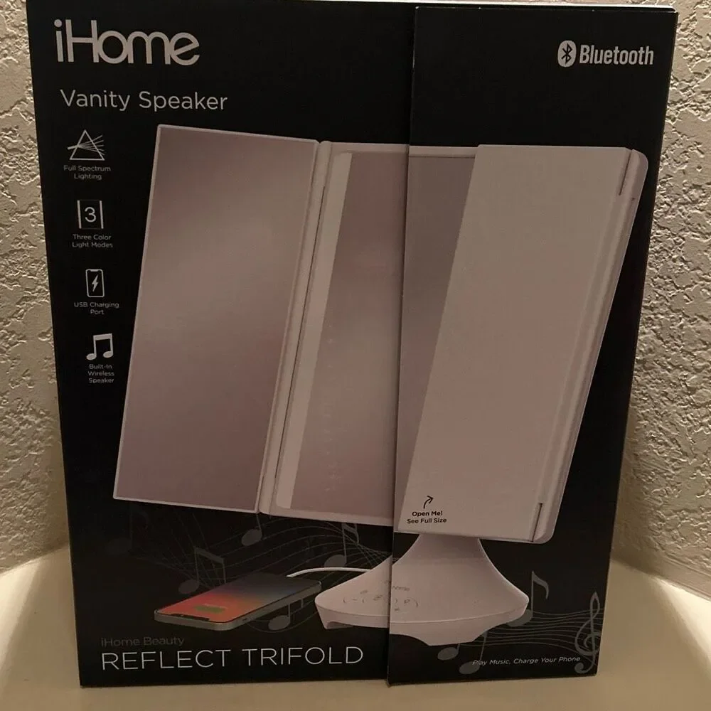 iHome Vanity Mirror With Bluetooth Speaker White Trifold Light Up Makeup New Box